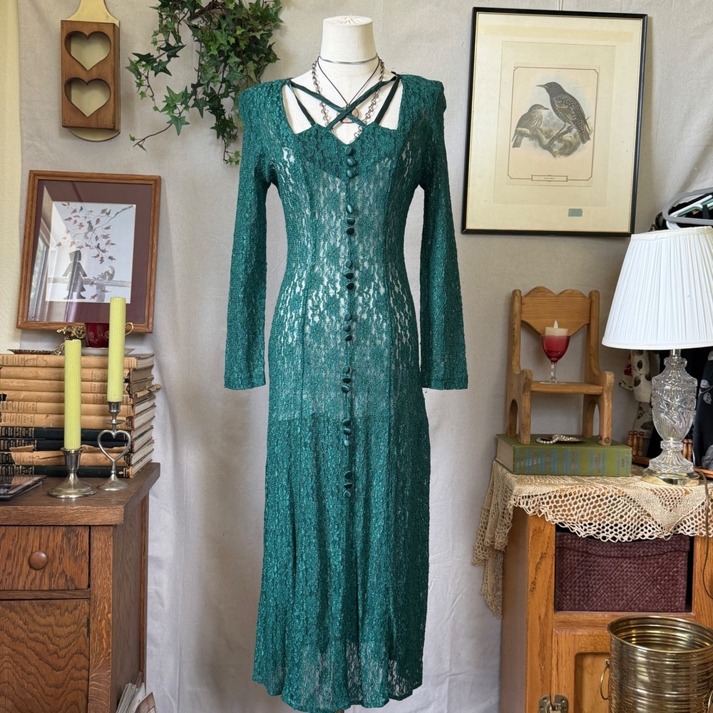 Green Lace Strappy Maxi Dress Whimsigoth Vintage 90s Sheer Overlay XS S Witchy